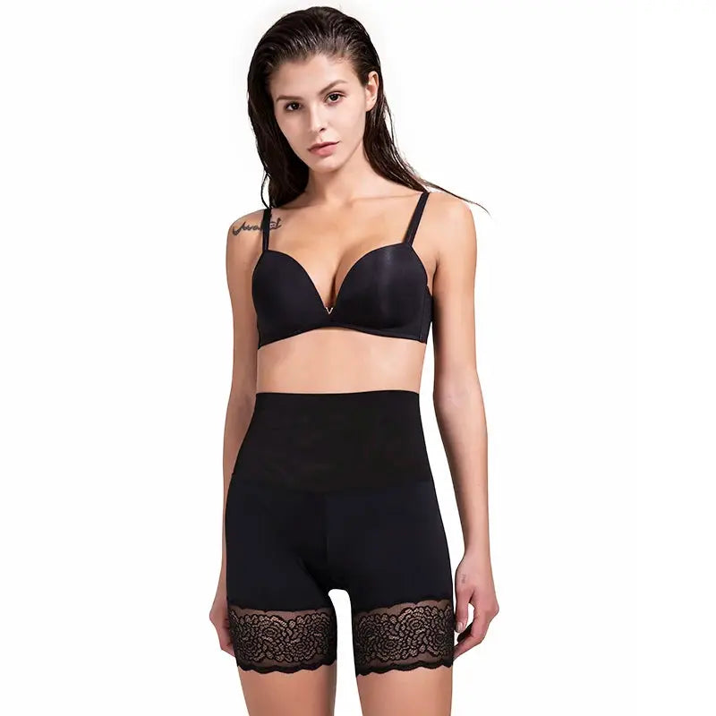 "High-waist body shaper with lace for tummy control and seamless hip lifting."
